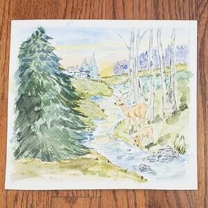 Original Watercolor Deer Cabin Nature M Bevarly‎ Cotton Paper Unframed 8 x 7.5"